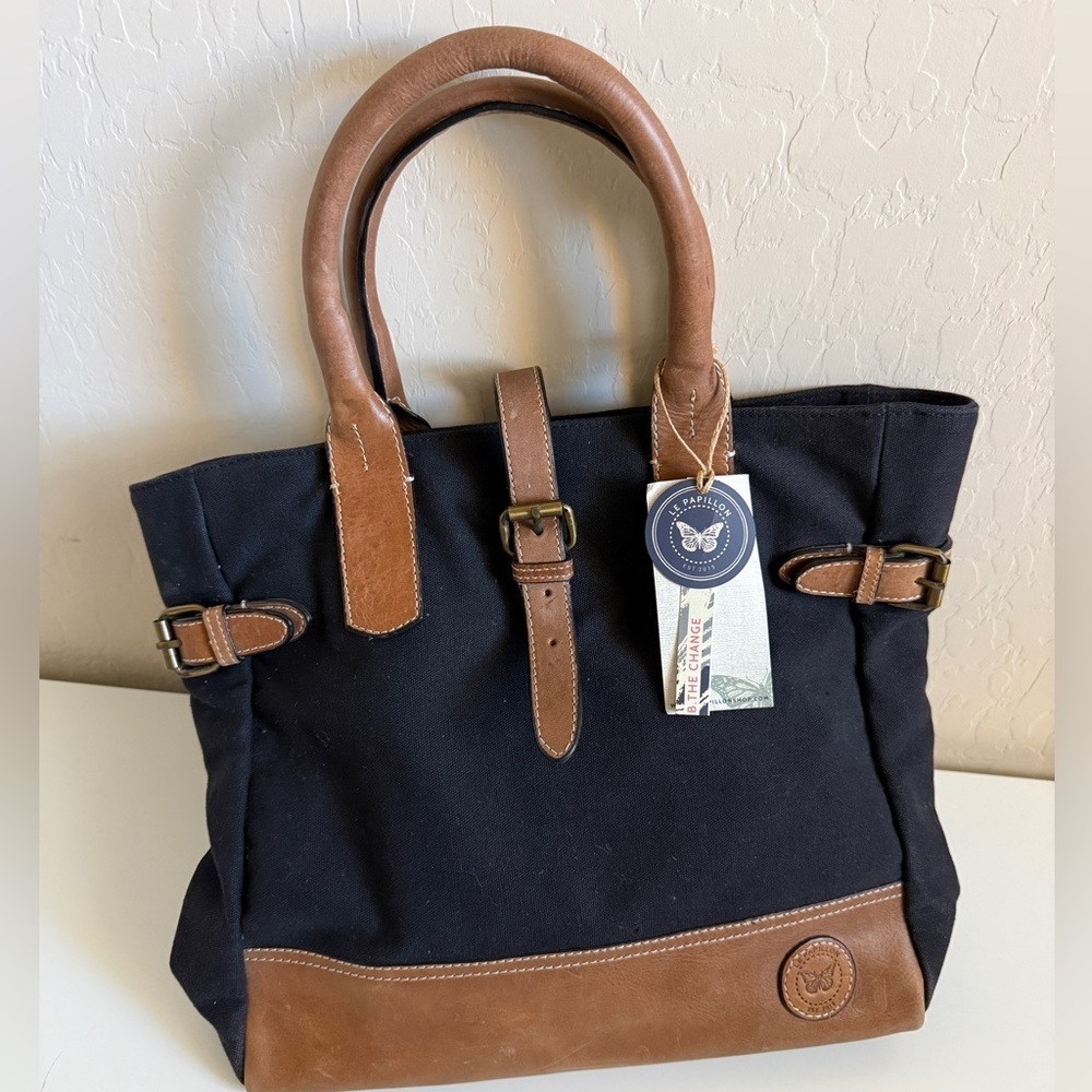 Le Papillon Tote Bag Canvas Leather Black Brown Classic